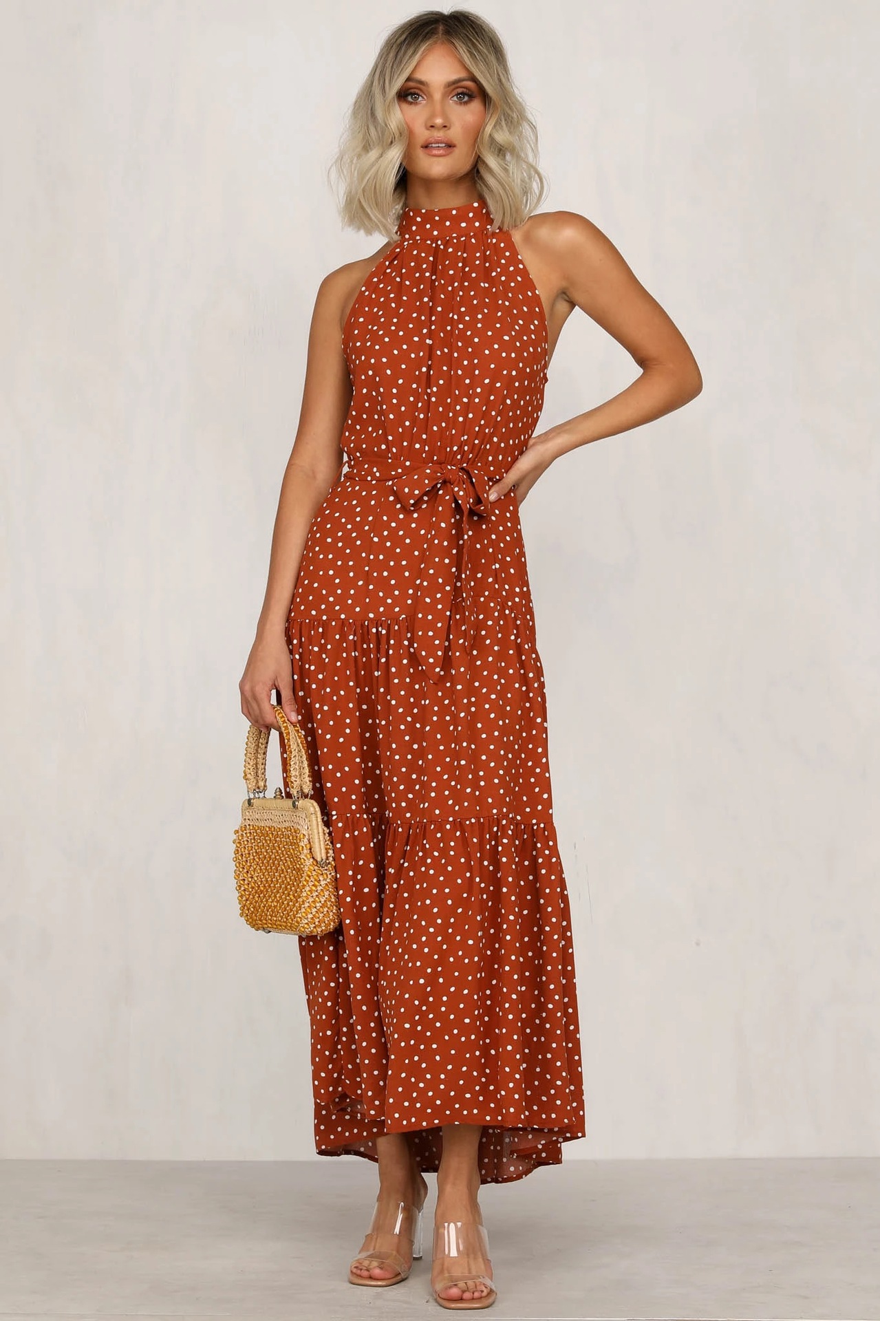 summer new women s polka dot round neck mid-waist sleeveless ruffled flounce dress NSYD3859