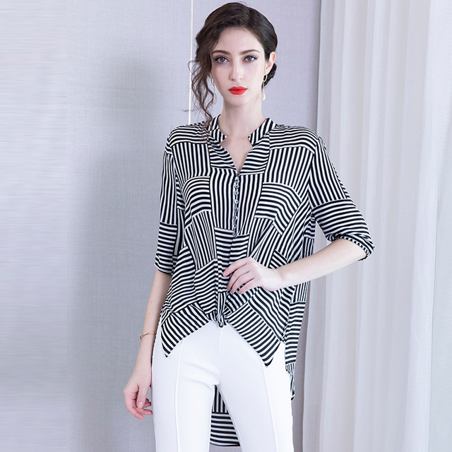 New silk shirt V-neck irregularly split hem striped silk blouse