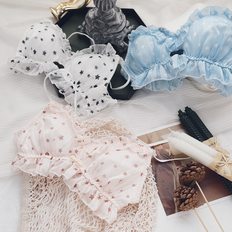 새로운 소녀 자카드 실버 실크 쉬폰 브래지어 세트 귀여운 별 신선한 팬티 속옷 세트 사용자 정의