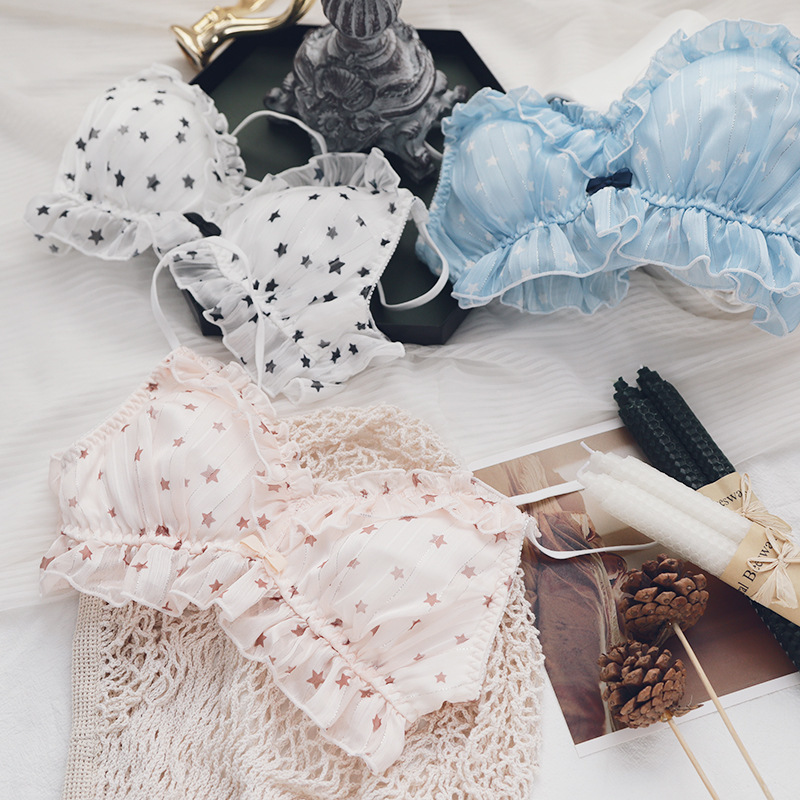 New Girl Jacquard Silver Silk Chiffon Bra Set Cute Stars Fresh Briefs Underwear Set Customizable