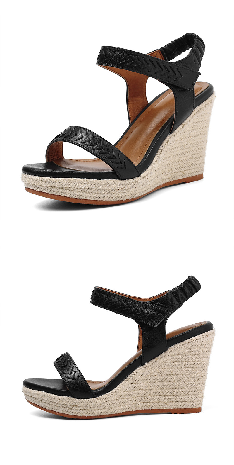 Sandal nữ đế xuồng dệt rơm da bò quai ngang khóa chữ — Màu nâu chi tiết 5