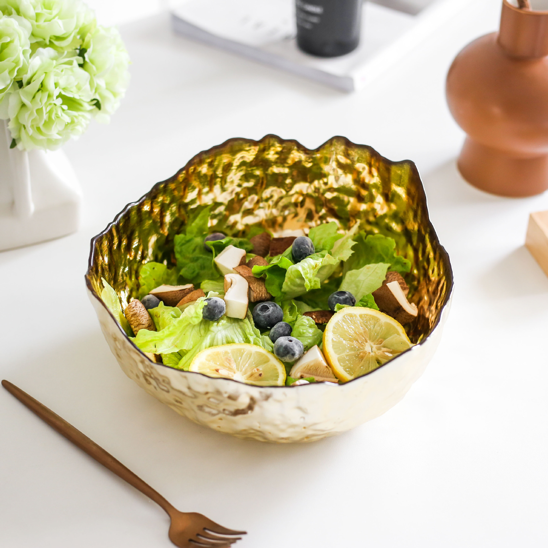 日式不规则大号金色金箔玻璃碗 沙拉碗 蔬菜水果碗|ms