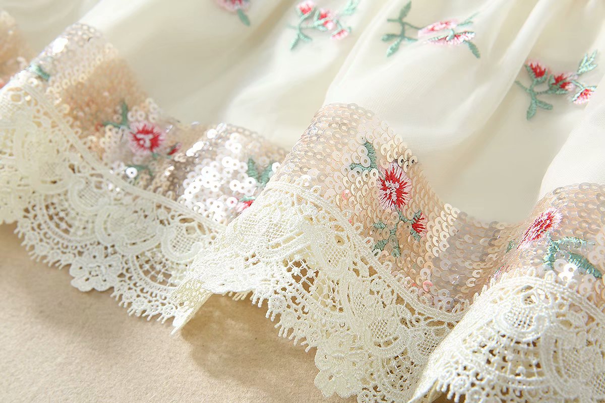 1219-05 珠片绣小花连衣裙码数SMLXL颜色蓝色杏粉色