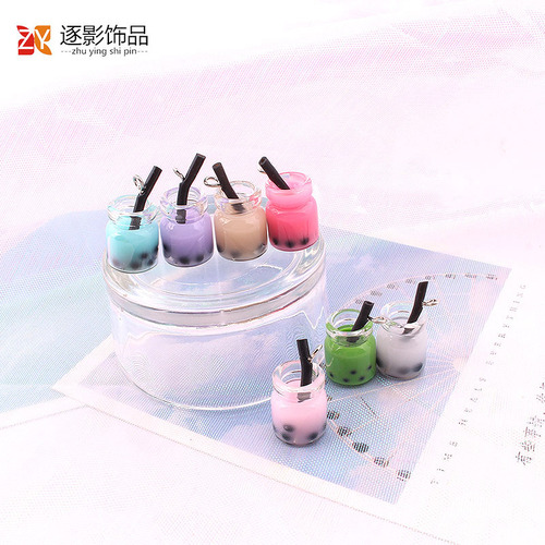 New Colorful Pearl Milk Tea Glass Bottle Earrings Pendant Keychain DIY Accessory