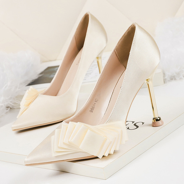 pointed shallow high-heeled shoes bow knot single-shoe slim-heeled 