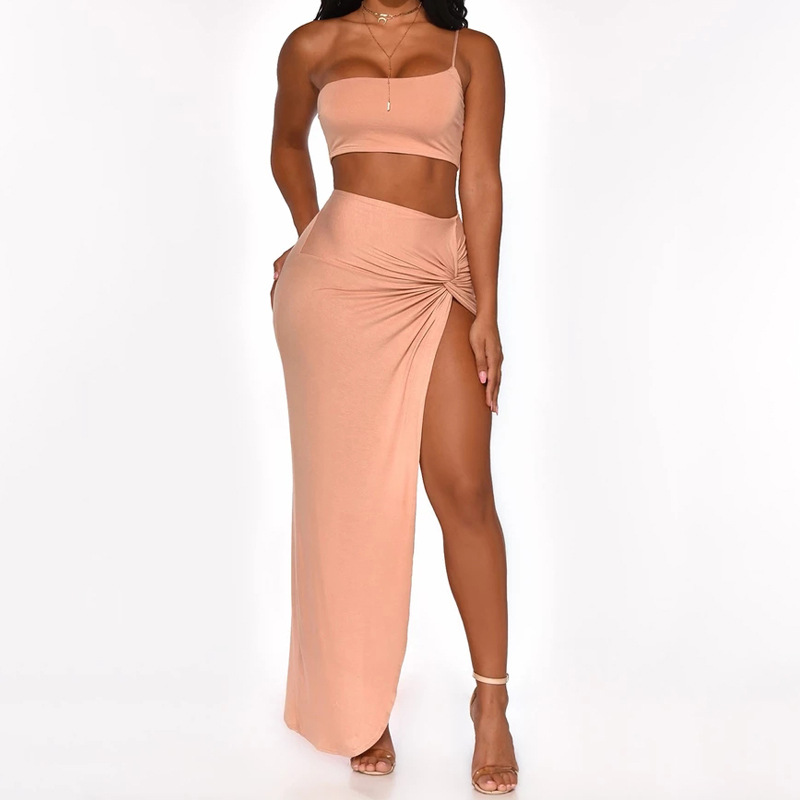 single-shoulder sling high waist slim slit kinked solid color vest and skirt set NSDWT134949