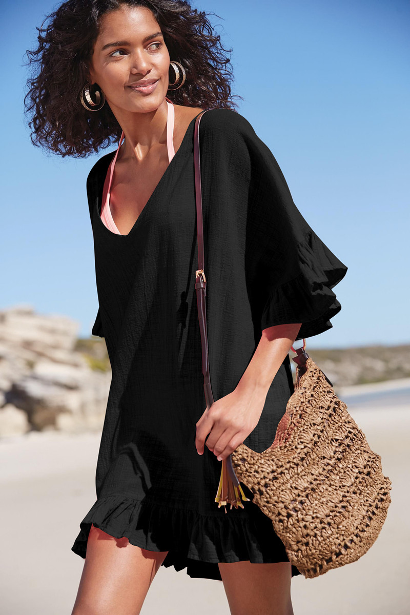 歐美竹節(jié)棉綁帶荷葉邊比基尼沙灘罩衫防曬衣