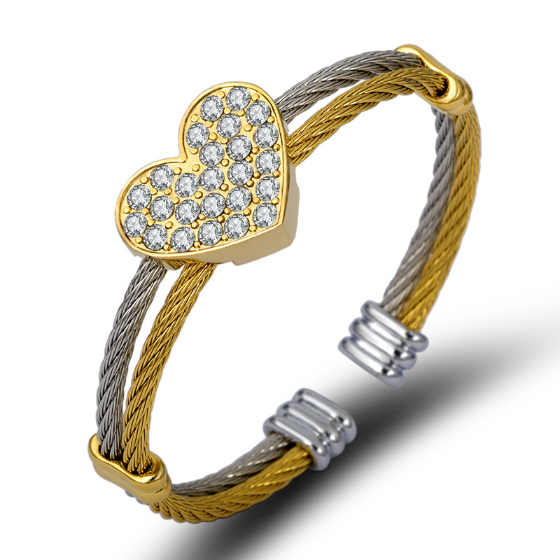 1 Piece Quantity Holiday Occasion 304 Stainless Steel Material Simple Style Heart Shape Stainless Steel Rhinestones Bangle In Bulk