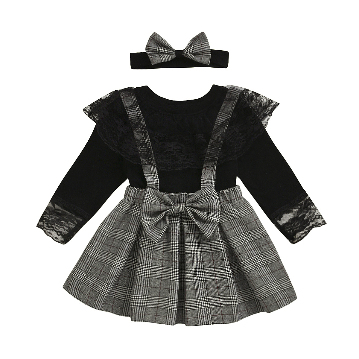 Conjunto de saia com suspensórios e xadrez para bebé_voghion.com