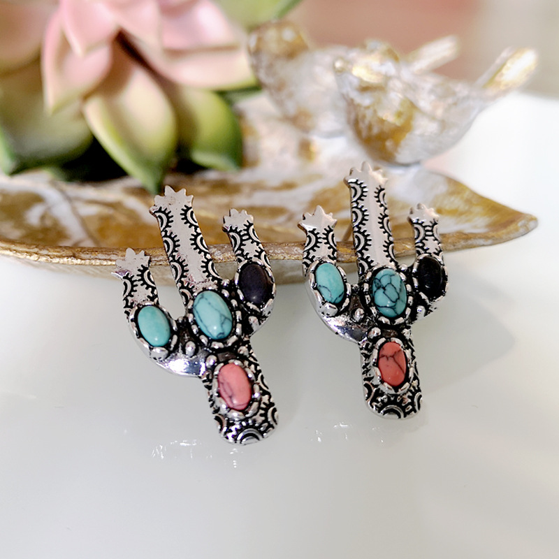 New Retro Cactus Earrings Inlaid Colorful Turquoise Exaggerated Earrings Wholesale display picture 3