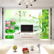 现代简约中式壁画客厅酒店3d竹子荷花电视背景墙纸无纺布影视墙布