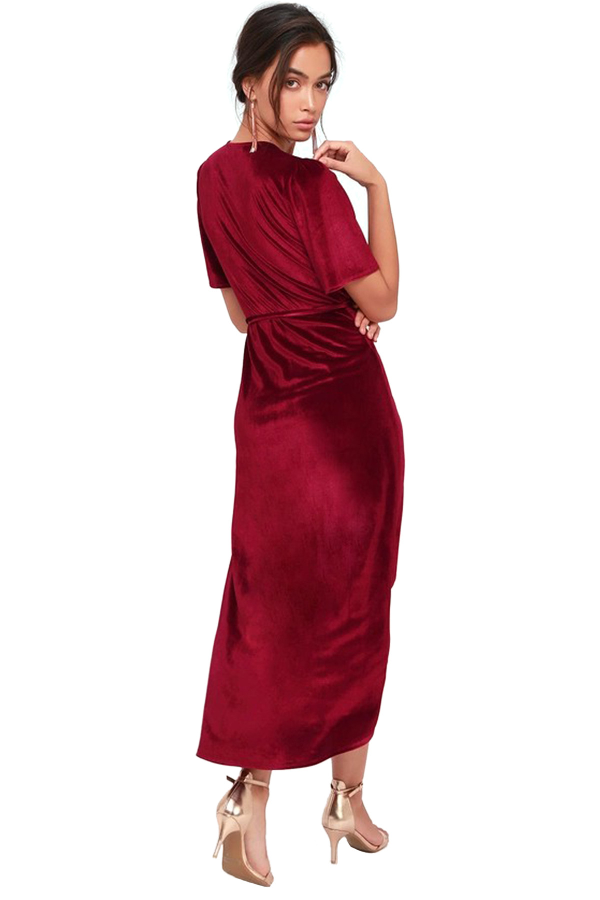 Women Clothing V-neck Dress Velvet Cardigan Lace-up Irregular Asymmetric Dress