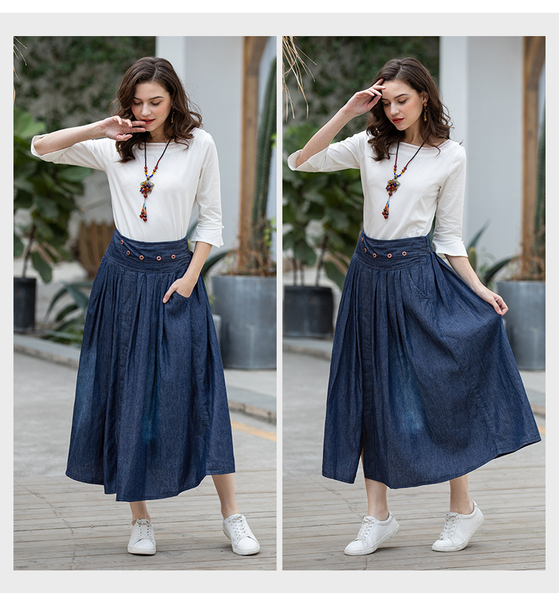 autumn elastic waist big pleated denim long skirt NSDT9092