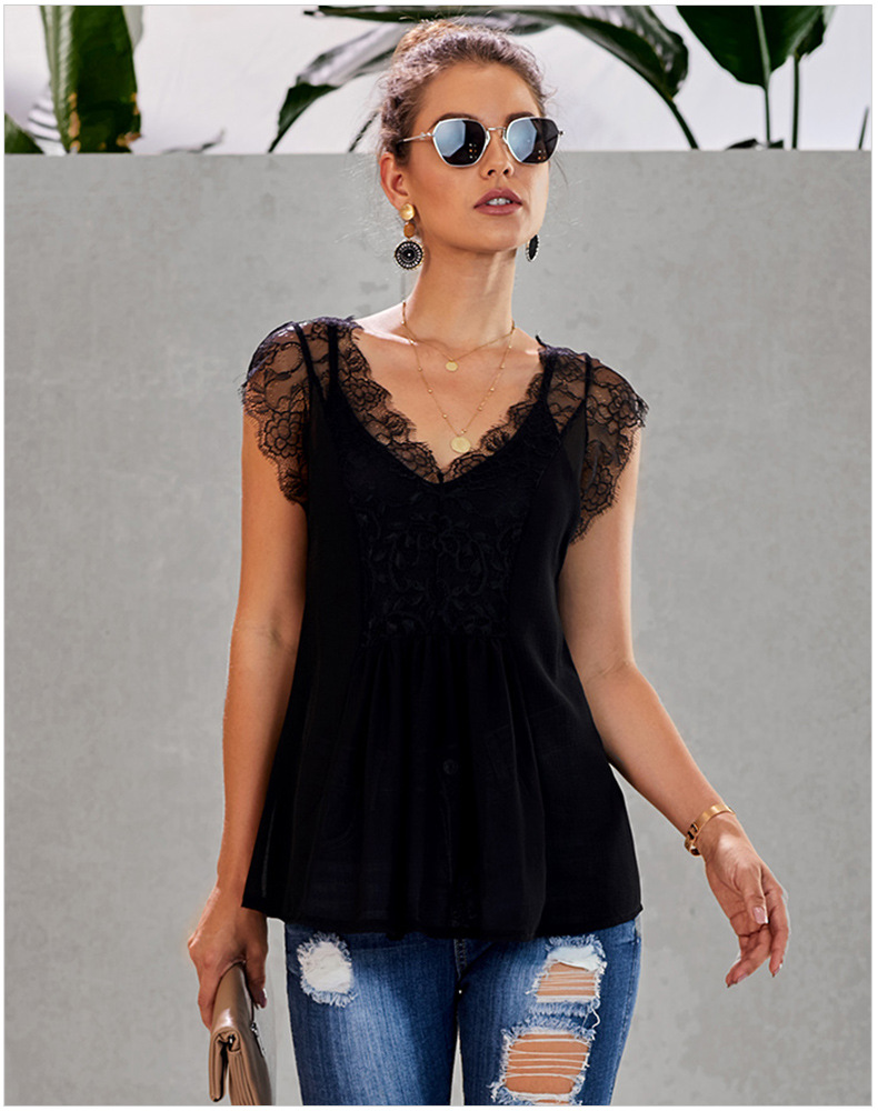 sleeveless stitching sexy hollow v-neck loose top   NSSI16496