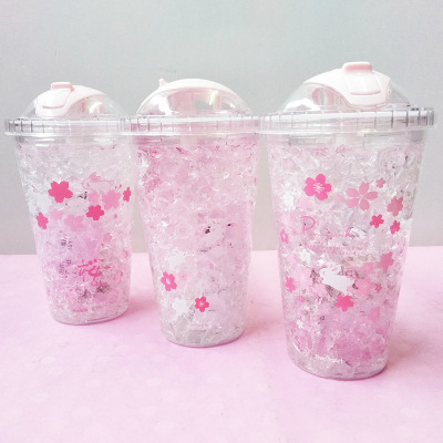 new pattern originality Like a breath of fresh air double-deck straw Water cup Cold Drink Cup cherry blossoms Dome Gel Ice Cup