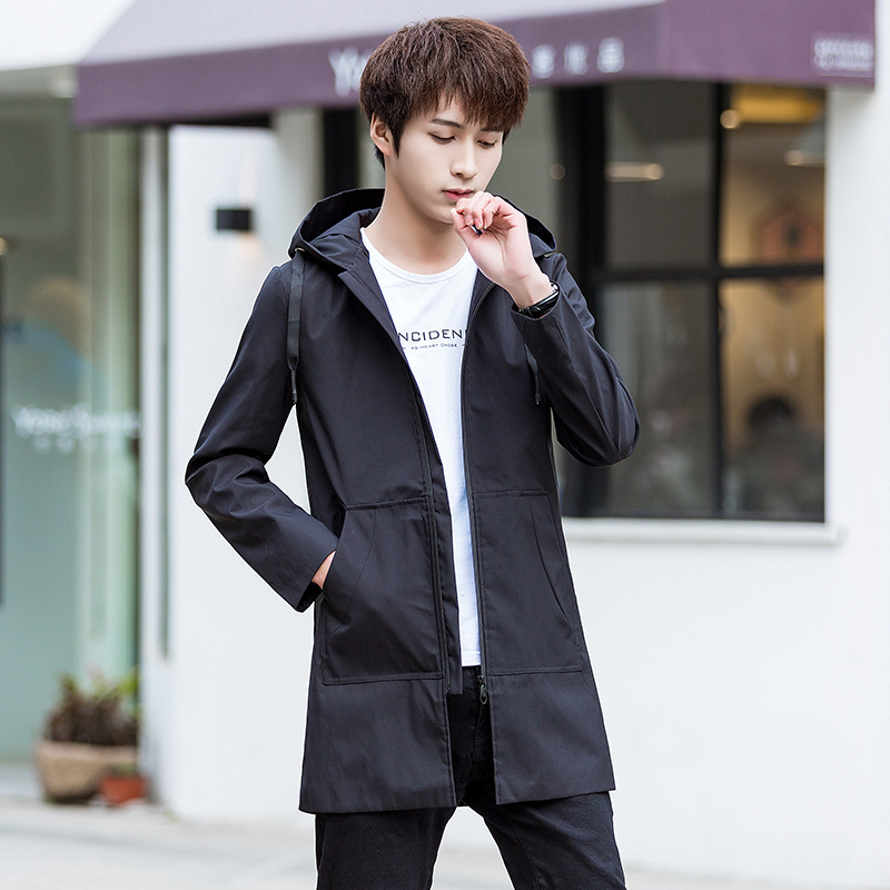 Spring and autumn season Jacket coat 2019 new pattern Self cultivation Korean Edition Hooded Mid length version Windbreaker Youth Solid coat
