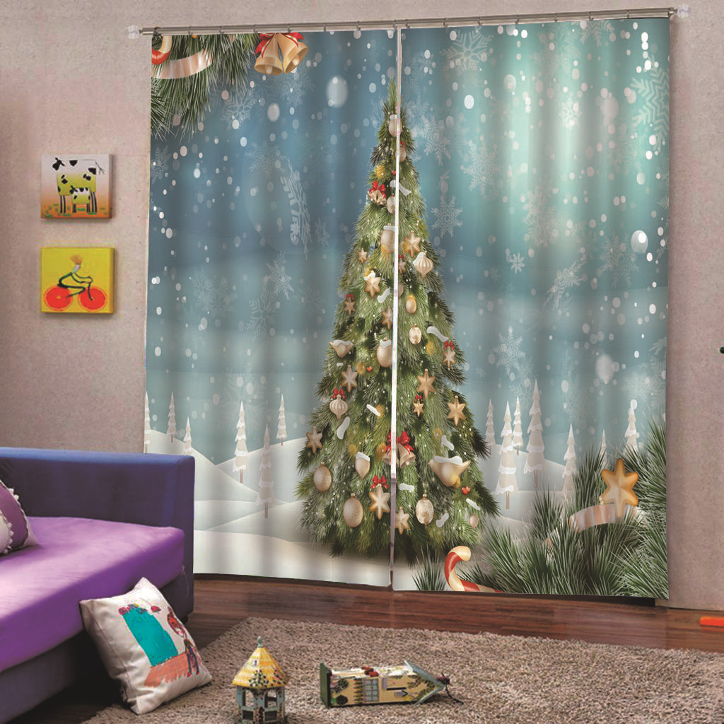 冬天雪花窗帘飘雪圣诞装饰遮光隔热品质女孩卧室创意数码打印