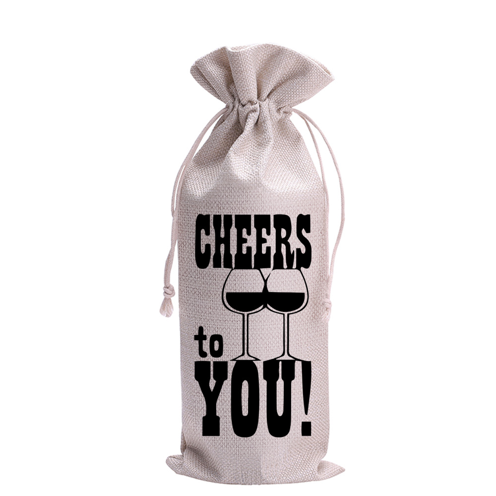 跨境热销 简约英文印花亚麻包装袋 红酒礼品收纳袋麻束口袋可定制