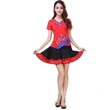 广场舞服装女成人2019新款夏季现代短袖连衣裙套装秧歌舞蹈演出服