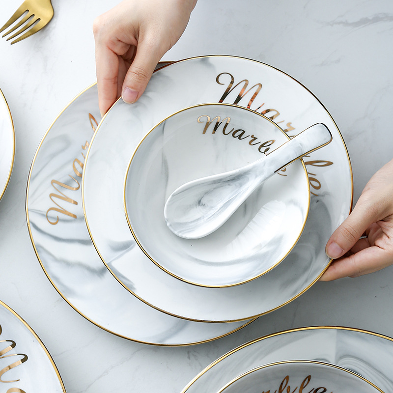 Nórdico marbling vajilla traje creativo plato de cerámica simple oro borde occidental carne plato merienda