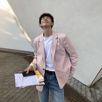 潮男达人 淡粉男士西装 春夏宽松新款韩版西服|ms
