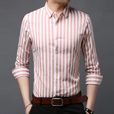 19 new pattern Spring man Lapel Long sleeve shirt leisure time Self cultivation stripe shirt men's wear On behalf of