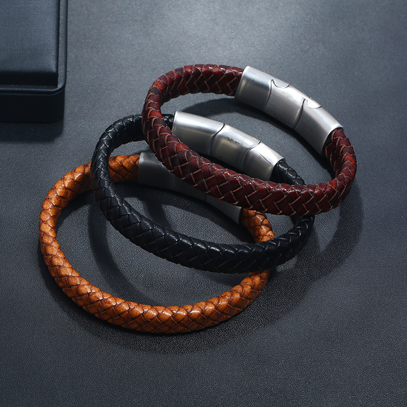 Creative steel color stainless steel menu0027s leather bracelet magnetic titanium steel jewelry