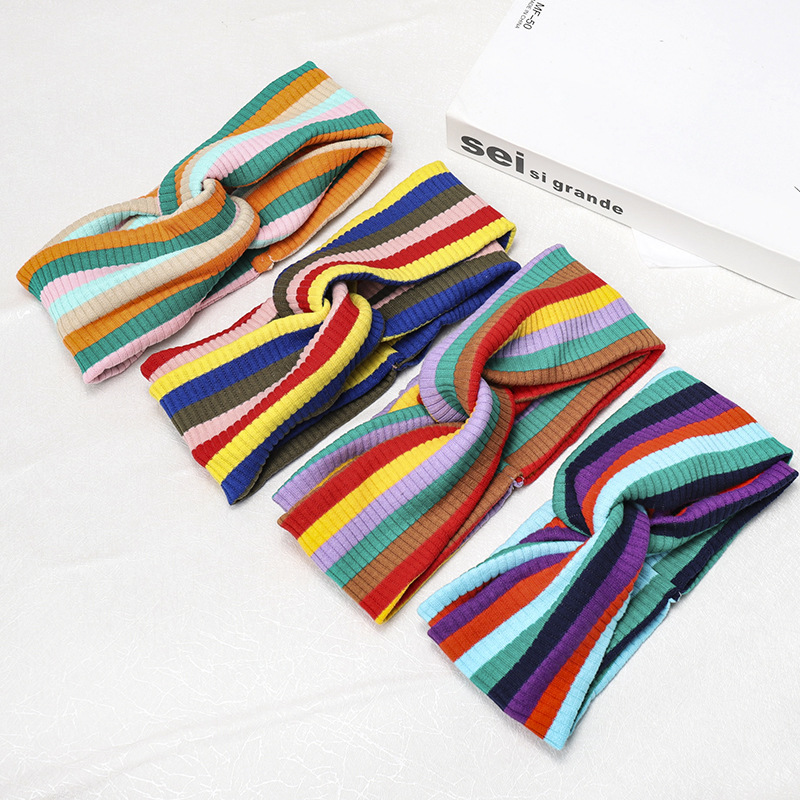 Rainbow Striped Knit Sports Headband Elastic Wool Headband display picture 1