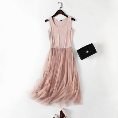 女装2019夏季莫代尔拼接网纱连衣裙女纯色大码背心款打底蕾丝裙子