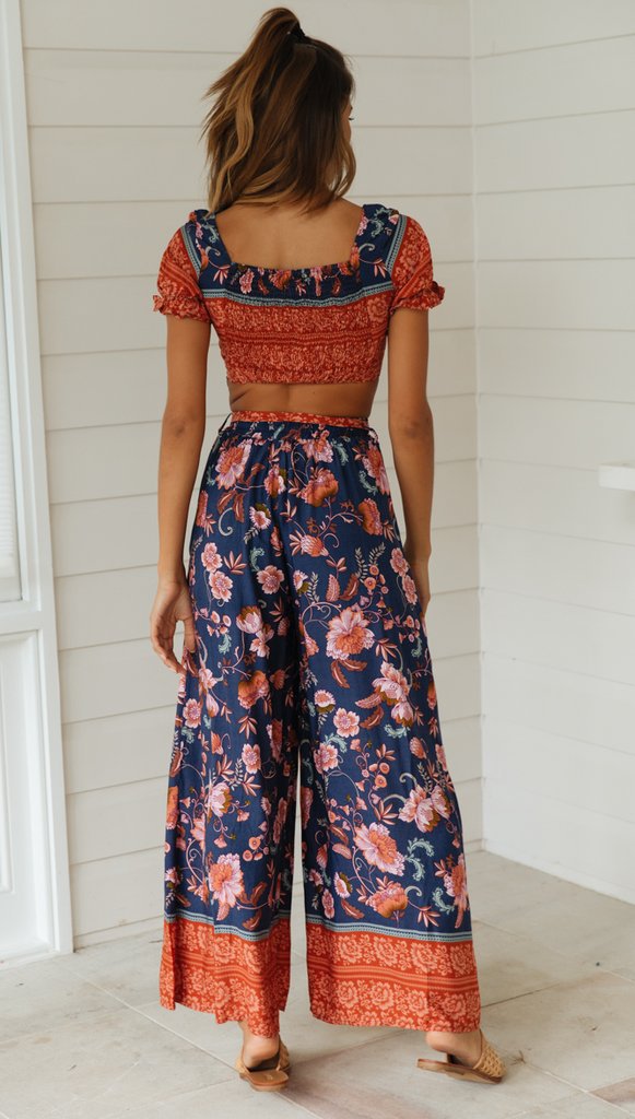 Printed Top Square Neck Tie Short Sleeve Ruffle Sleeve Pants Two-piece Set NSJKW119789