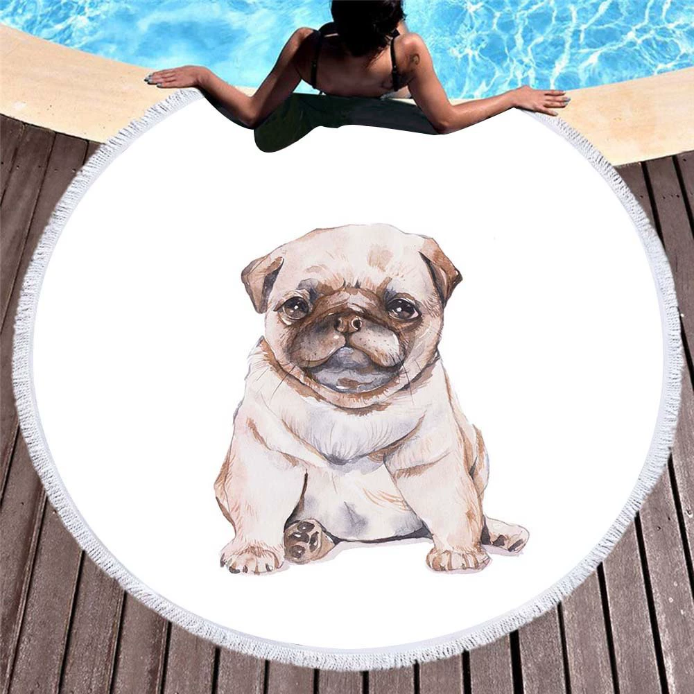 Вышитая циновка пляжа Tassel Microfiber пляжного полотенца кота и собаки шаржа печатания европейца и американца 3D цифров круглая