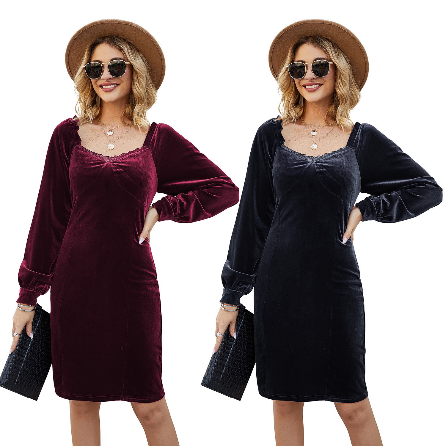 2020亚马逊速卖通欧美热卖韩国绒修身长袖金丝天鹅绒包臀连衣裙