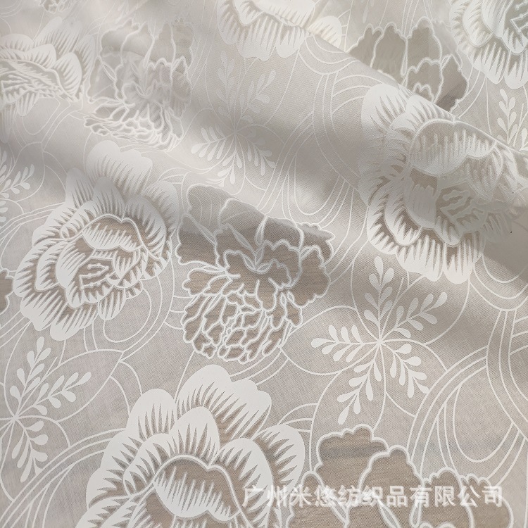 中国风 镂空牡丹 古风汉服面料 涤棉描边胶浆印花 立体烧花面料