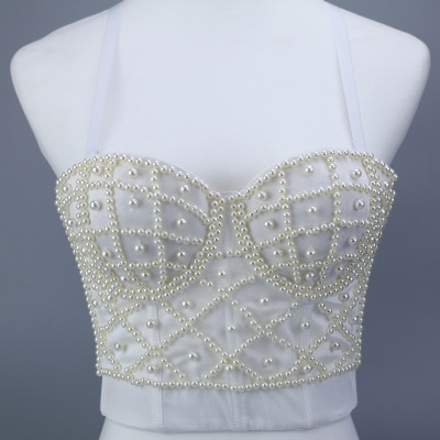 Women's Diamond bling jazz dance bra tops Pearl suspender waistcoat women fashion beautiful back with navel exposed sexy short Bra Top