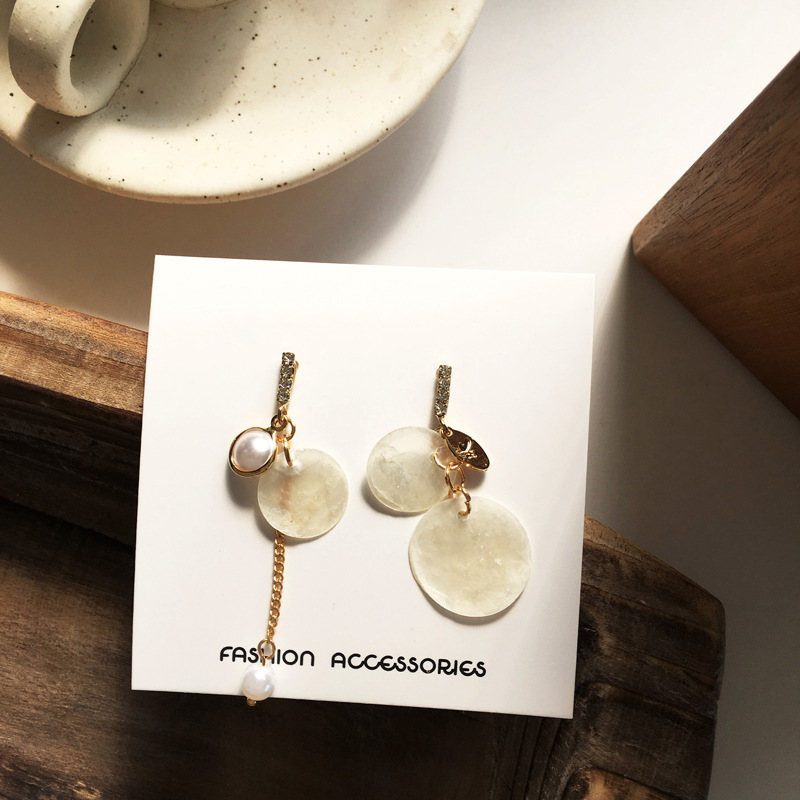 S925银针韩国贝壳耳坠不对称珍珠优雅耳环气质镶钻耳饰淑女647E7|ms