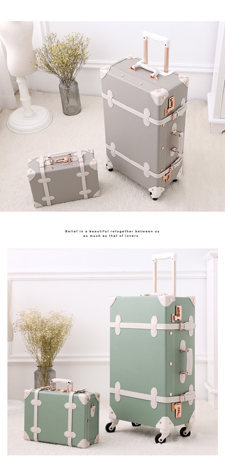 Vali kéo vintage da màu xanh lá cây 20 inch bánh xe xoay 360 độ, kèm hộp quà tặng — trà xanh matcha chi tiết 10