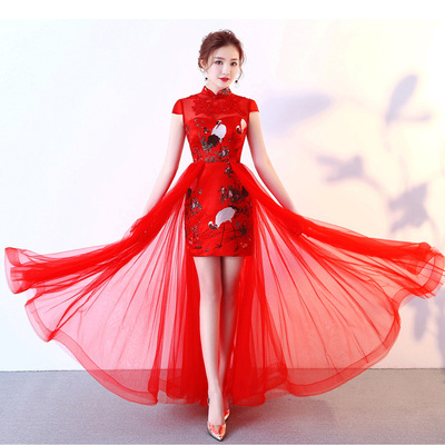 Red Yellow Royal blue Evening party dress for women girls cocktail wedding party birthday celebration tuxedo long dress model show miss etiquette qipao dress