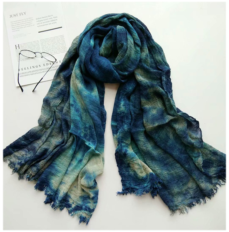 New Cotton Linen Linen Handmade Tie-dyed Scarf Retro Ethnic Long Women's Shawl Summer Sunscreen Scarf display picture 5