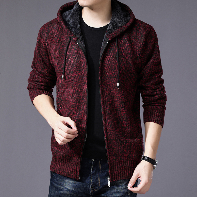 Autumn and winter new men's solid color Hooded Sweater European large cardigan sweater warm knitted sweater coat