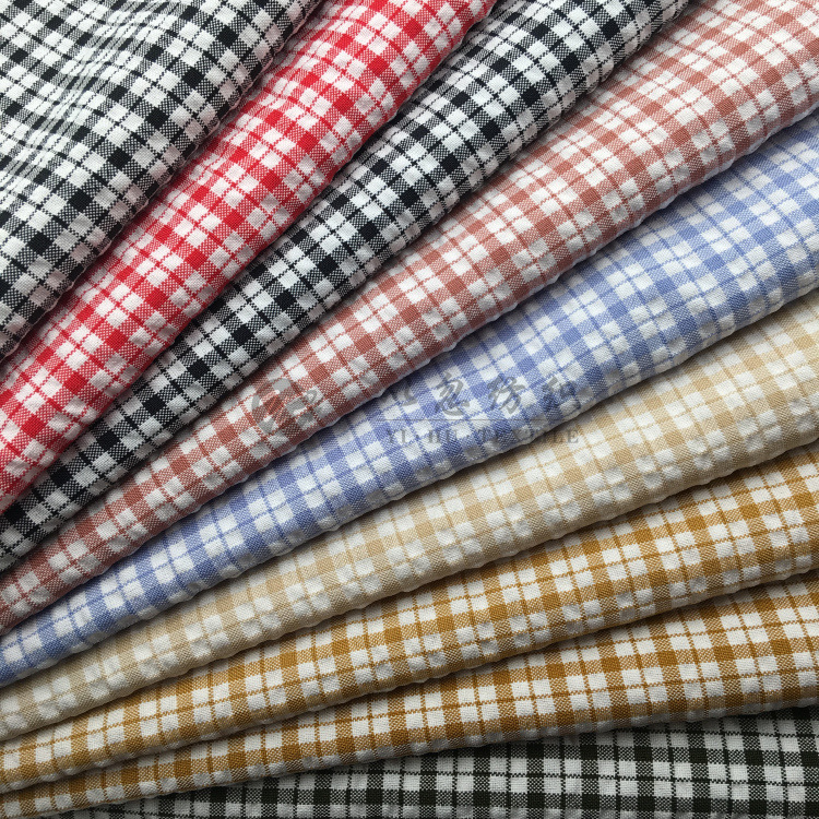 涤棉弹力泡泡色织格 时尚男女装衬衫面料 2019年春秋新款 现货