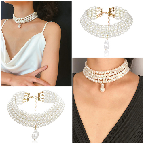 European and American cross-border jewelry, elegant and simple round geometric necklace, multi-layered rice-shaped pearl special-shaped pendant necklace for women