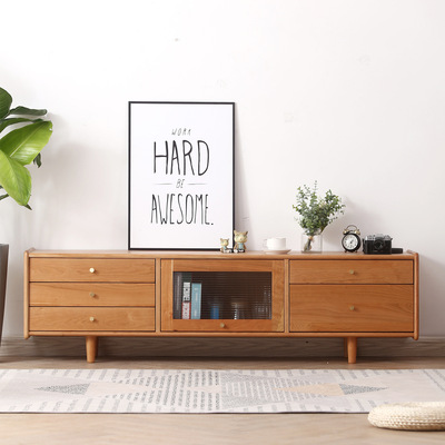 北歐實木電視櫃茶幾組合現代簡約小戶型櫻桃木鬥櫃視聽櫃客廳家具