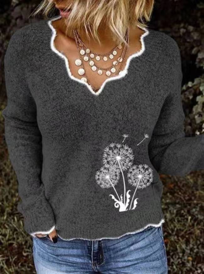 long-sleeved V-neck Dandelion embroidery knitted sweater nihaostyles wholesale clothing NSGYX84905