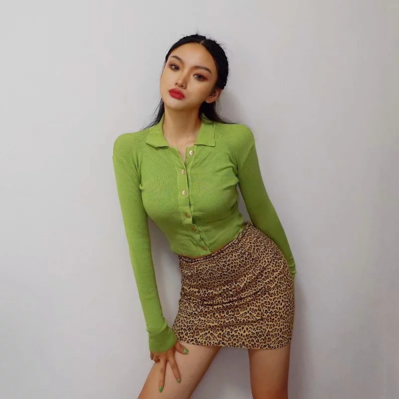 green single-breasted sweater cardigan   NSHS23778