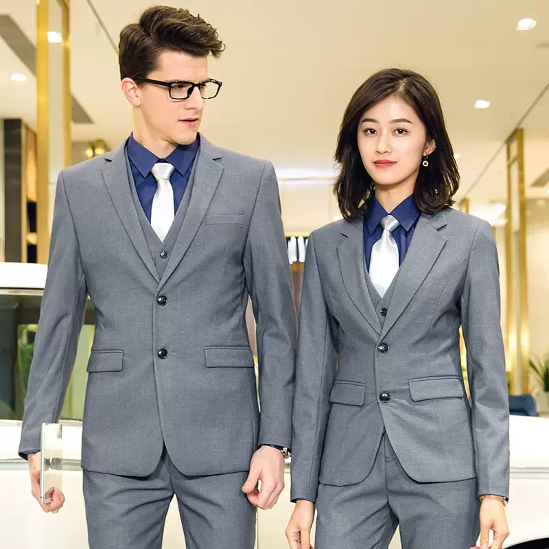 灰色西服套装商务正装男女同款职业装酒店前台工作服4S店企业工装