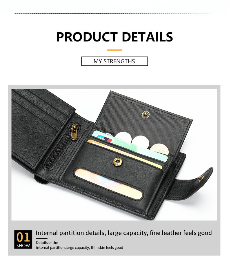 Ví nam da bò thật chống từ RFID dạng ngang nhiều ngăn đựng thẻ — Cà phê dầu, Màu đen, 8610 màu đen chi tiết 19