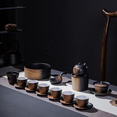 新品粗陶套装渐变黑陶复古粗陶茶具茶壶茶洗盖碗礼品订制陶瓷套装