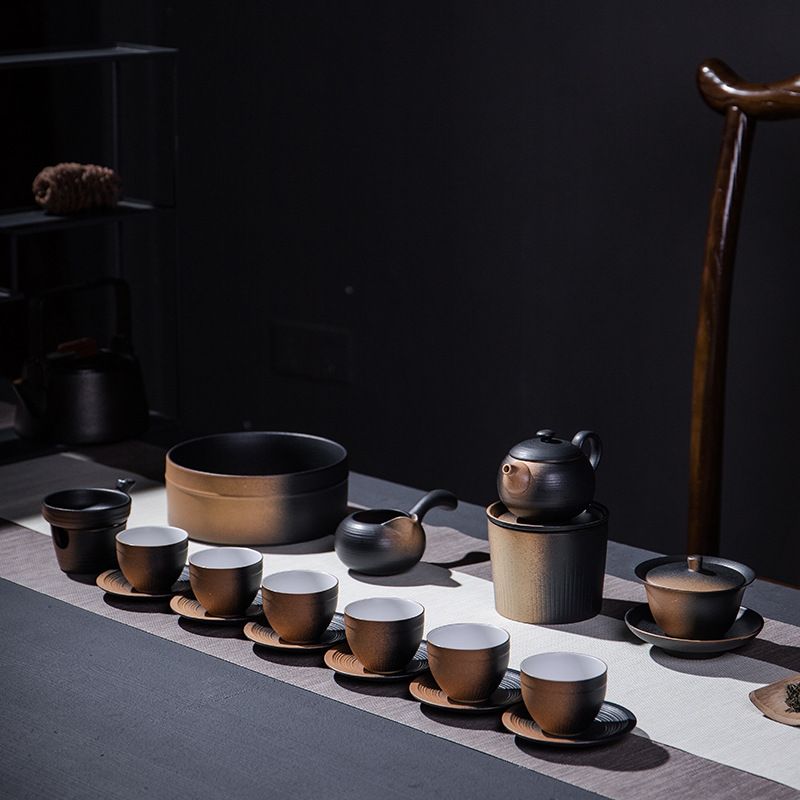 新品粗陶套装渐变黑陶复古粗陶茶具茶壶茶洗盖碗礼品订制陶瓷套装