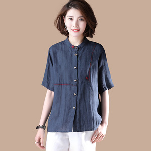 Short Sleeve Ramie Blouse Summer Suit New Embroidered Collar Shirt 