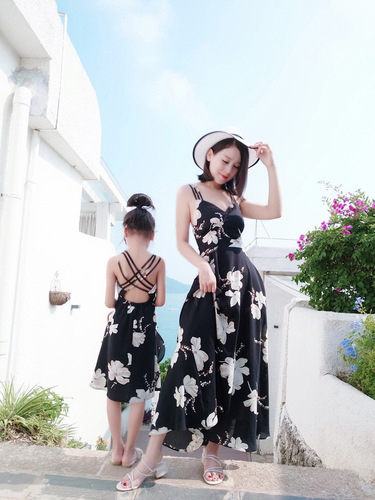 Parent-child summer clothes  new Korean style mid-length printed backless suspender dress beach skirt for vacation